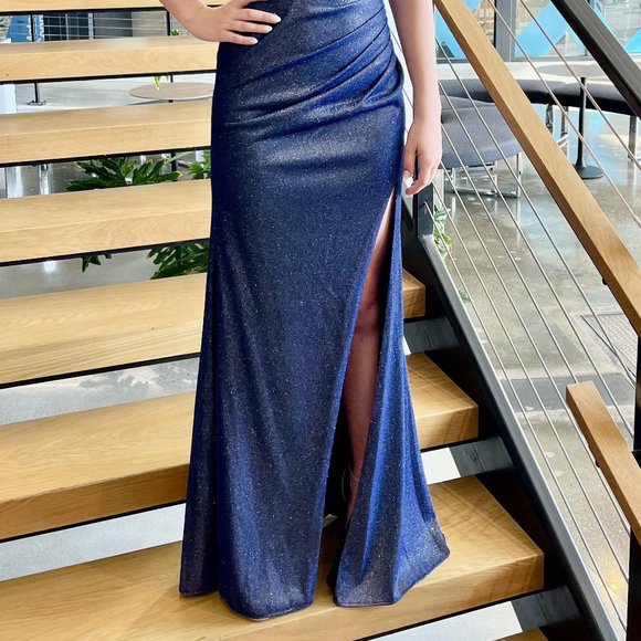 One Shoulder Glitter/Metallic Evening Prom Dress - Picture 3 of 5